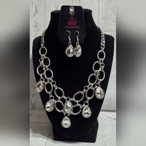 paparazzi Silver Crystal Teardrop Bib Necklace and Earrings